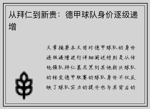 从拜仁到新贵：德甲球队身价逐级递增