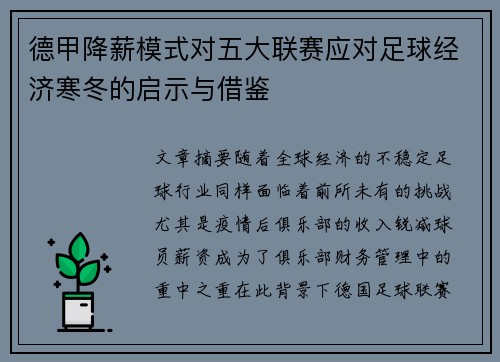 德甲降薪模式对五大联赛应对足球经济寒冬的启示与借鉴